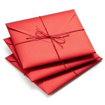 Stack of three red textured paper envelopes tied with matching string
