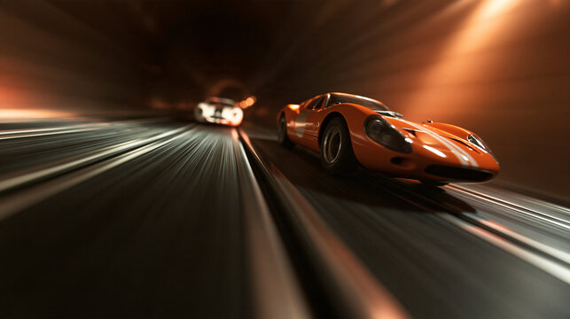 Vintage Sports Cars Racing at High Speed in Tunnel