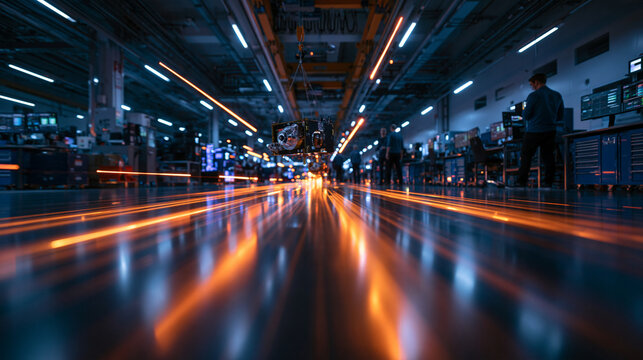 Futuristic Automated Factory Assembly Line with Light Trails