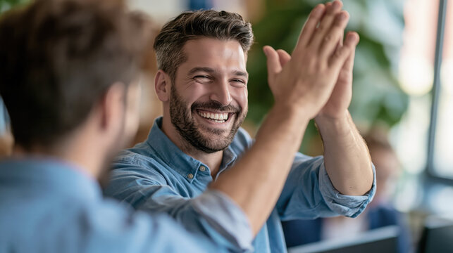 Happy young man giving high five to colleague in casual office setting