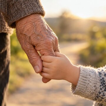 Old wrinkled hand of grandparent holding small child hand on rural path at sunset, generations, love, closeup