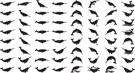 Set of black silhouette icons of narwhals swimming in various poses © Sumon90cs