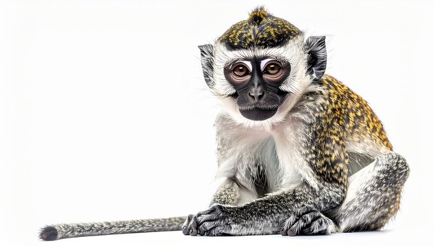 Cute vervet monkey sitting calmly isolated on clean white background