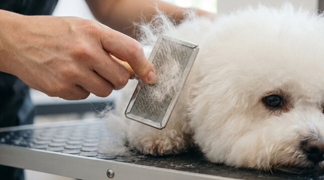 Grooming fluffy white dog with a comb at a pet salon  