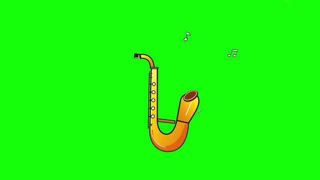 Animated golden saxophones and floating music notes on green screen