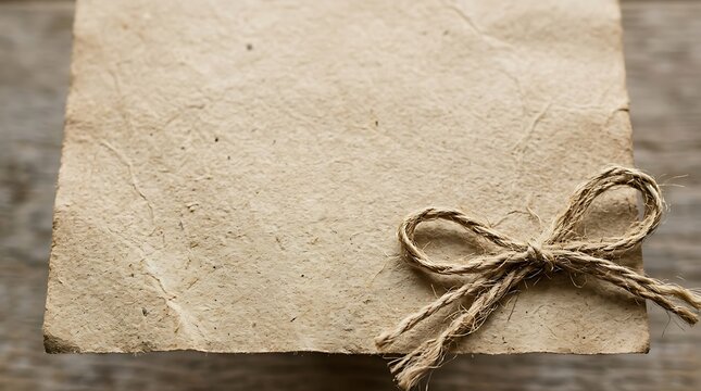 Rustic brown handmade paper note with natural jute twine bow, vintage stationery background for craft message
