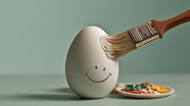 Funny paintbrush painting smiley face on Easter egg, humorous photo