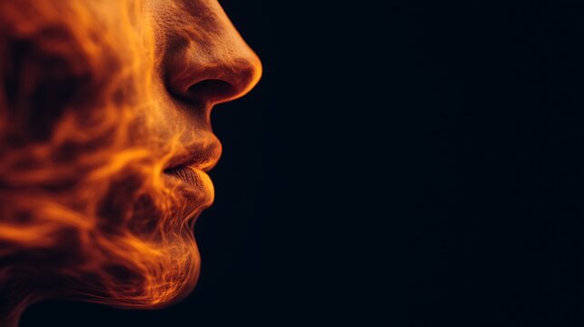 Close-up profile of a face with fiery orange smoke swirling around it against a black background.