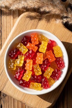 Colorful gummy bear vitamin supplements in white bowl on wooden surface. Fruit flavored chewy jelly candies multivitamins lie on rustic wood table. Healthy nutrition concept with sweet gelatin bears