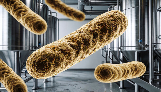 Bacteria float near industrial tanks in factory setting