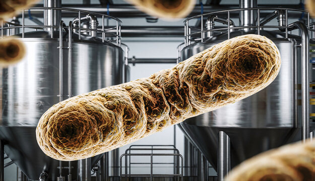 Bacteria floating near industrial fermentation tanks in modern biotech facility