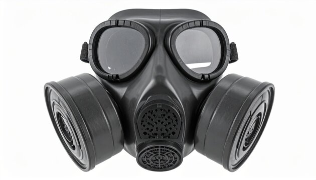 Dark gray gas mask with dual filters isolated on clean white
