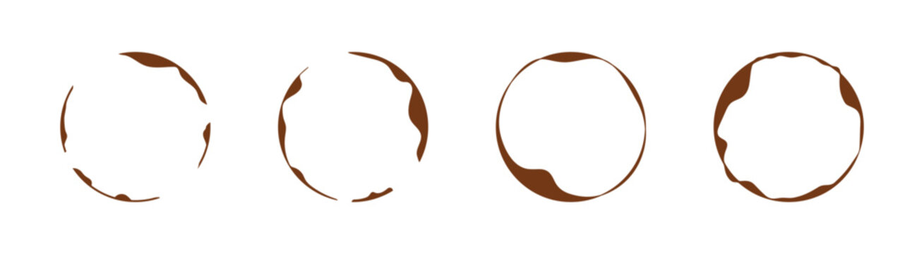 Coffee ring stain vector set with circular mug mark and splatter textures. Transparent vector and PNG