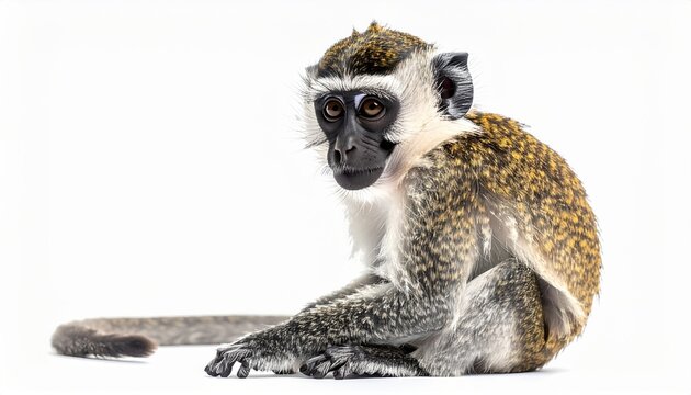 Cute vervet monkey sitting calmly isolated on clean white background
