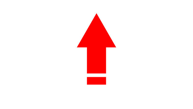 Red solid arrow symbol pointing upwards with horizontal bar isolated on white backdrop.