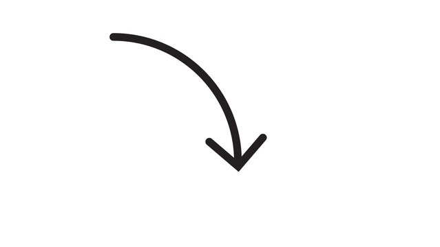 Black thin curved arrow pointing downwards to right direction on white background.