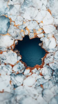 Close-up of cracked, weathered surface with a hole in the center, revealing a dark void beneath and rusty edges around the cracks.