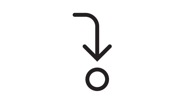 Black curved arrow pointing straight down above solid circle icon on white backdrop.