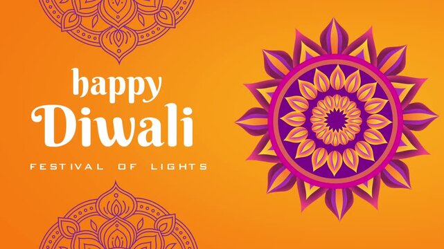 Animated background for a Happy Diwali Festival of Lights greeting, featuring traditional oil lamps, lotus flowers, and ornamental patterns; 4K motion graphics video.