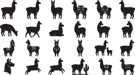Fototapeta premium Set of black silhouette llama icons depicting various postures and actions