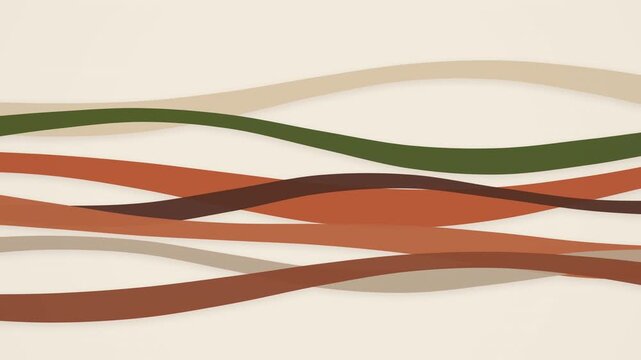 Organic flowing ribbons background with warm earthy tones, fluid wave lines animation, paper grain texture, terracotta and olive green abstract vector composition.