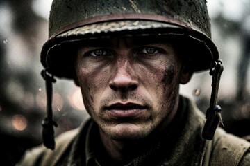 Fototapeta premium Close up portrait of tired soldier wearing dirty combat helmet. Caucasian infantryman face with mud, dirt in battlefield. Gritty military man looks at camera with serious expression during war.