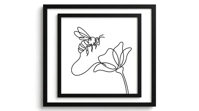 Minimalist bee line art drawing in black frame, continuous line flower art illustration, modern aesthetic wall decor poster mockup