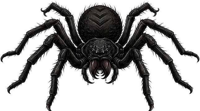 Creepy black spider in defensive position digital illustration, scary arachnid front view graphic isolated for Halloween