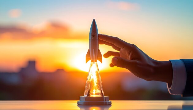 Hand launching small rocket model against vibrant sunset sky symbolizing startup innovation and new beginnings
