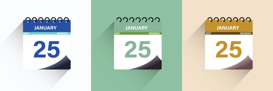 Set of three calendar icons showing january 25th 2027 in blue, green, and brown colors