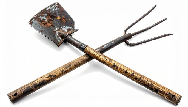 Garden rake and hoe crossed together isolated on clean white background