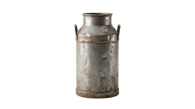 Galvanized steel milk churn stands isolated on a white background