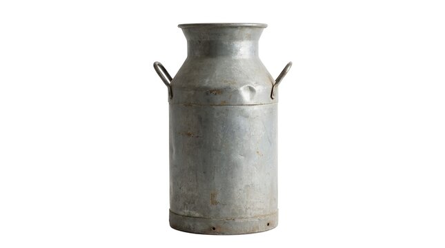 Galvanized steel milk churn stands isolated on a white background
