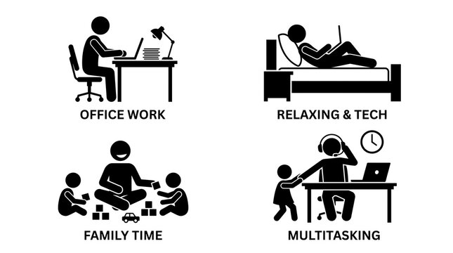 Minimalist stick figure icons representing work life balance, remote work set, family time and office multitasking pictograms