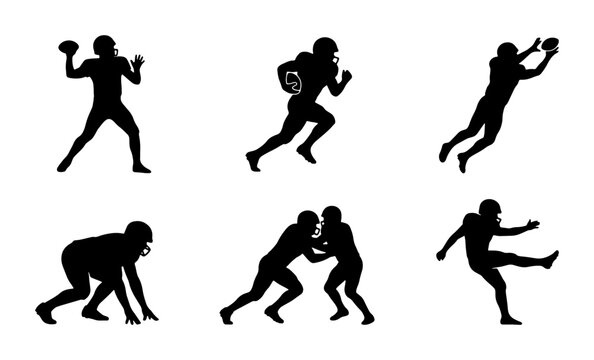 American football player silhouettes set with quarterback throwing, running back, receiver catching, linemen, and kicker for sports apps and web