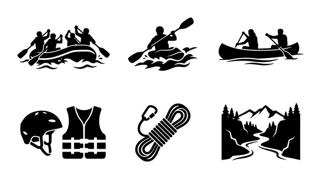 Water sports silhouettes set with rafting, kayaking, canoeing, helmet, life vest and rope for adventure design