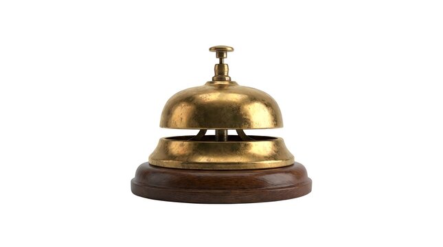 Golden hotel reception bell rests on a dark wooden base against white