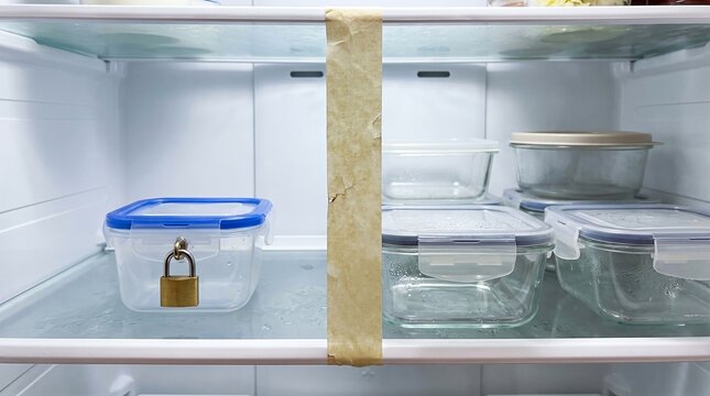 Shared House Fridge Divided By Masking Tape With Padlocked Food Box Showing Rental Crisis