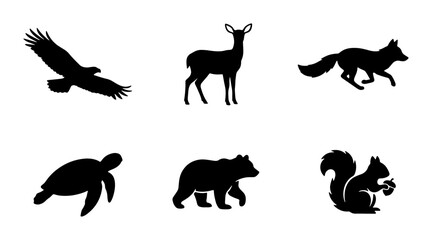 Obraz premium Wild animal silhouettes set with eagle, deer, fox, turtle, bear and squirrel for nature logos
