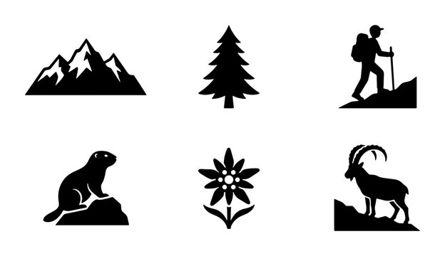 Alpine elements silhouettes set with mountains, hiker, marmot, ibex and edelweiss flower for travel and nature design