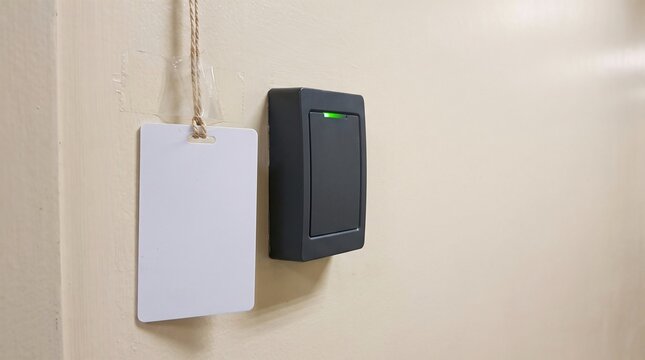 Physical Security Risk: Blank White Access Card Hanging On String Beside A Wall Mounted Door Reader