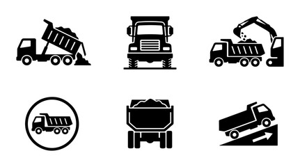 Dump truck silhouettes set with loading, unloading, and on ramp for construction and industry signage © Md
