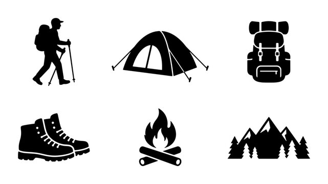 Camping silhouettes set with hiker, tent, backpack, boots, campfire and mountains for travel logo