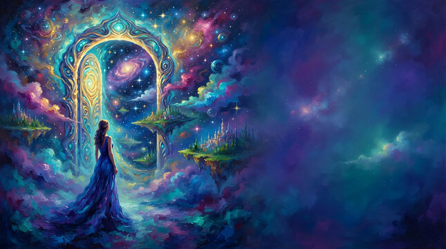 a woman standing before a gigantic glowing doorway floating in an abstract dreamscape, beyond the doorway is an impossible universe filled with stars, floating islands