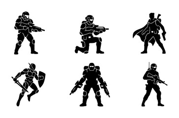 Fototapeta premium Futuristic soldiers silhouettes set with futuristic warriors, knights, and soldiers with weapons for sci-fi and military themes logo or signage