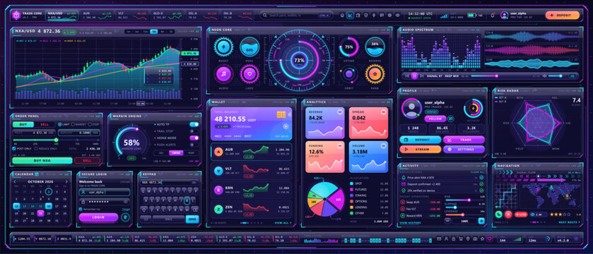 A dark financial dashboard combines a candlestick trading chart, wallet, analytics, circular gauges, audio spectrum, profile, calendar and map in cyan and magenta.