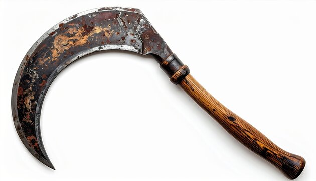 Antique curved sickle with wooden handle isolated on white