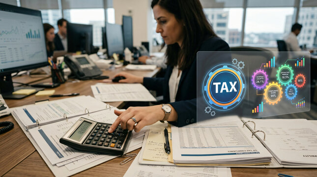 Corporate accounting professional workspace display manager hand clicking electronic calculator keypad next open documents overlay panel colorful financial metrics gears text TAX photo