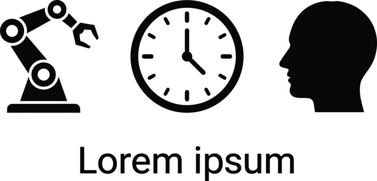 Black icons of a robotic arm a clock and a human head profile for technology and time concepts