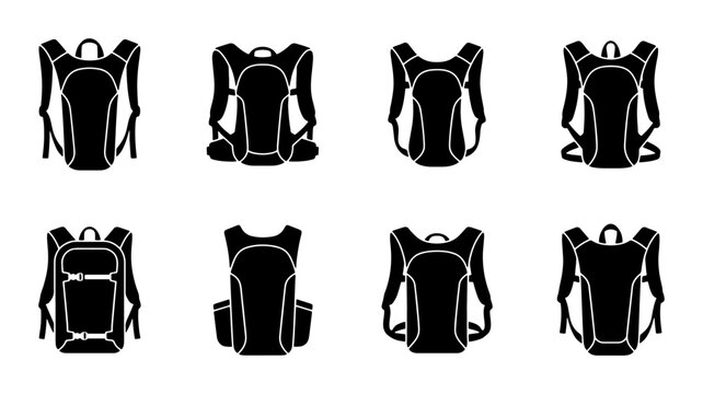 Hydration backpack silhouettes set with various designs for outdoor sports and travel, logo and signage